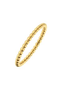 Bague de couleur or avec un design texturé et des accents sphériques espacés uniformément tout au long de son anneau. Profil rond lisse avec une finition brillante.