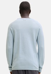 Homme aux cheveux courts et petit anneau d’oreille, portant une chemise à manches longues texturée bleu clair, vu de dos sur fond blanc.