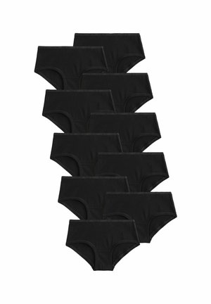 Deset parov črnih bombažnih hipster hlačk z elastičnimi pasovi, ki se ponašajo z gladko teksturo in klasičnim krojem. Enoten dizajn brez vzorcev.