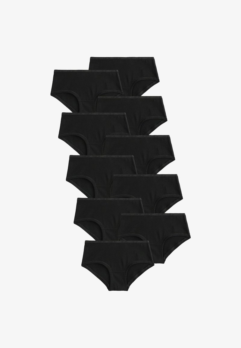 Dix paires de culottes hipster pour femmes en coton noir disposées en deux colonnes verticales sur un fond blanc.