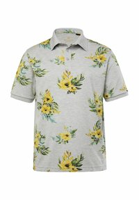 Grå polo-shirt med ett blommönster som har gula blommor och gröna blad. Korte ärmar och en krage med två knappar.