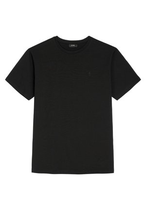 Czarny t-shirt z krótkim rękawem i okrągłym dekoltem, z dyskretnym małym wyszywanym logo na lewej piersi.