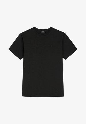 Czarny t-shirt z krótkim rękawem i okrągłym dekoltem, z dyskretnym małym wyszywanym logo na lewej piersi.