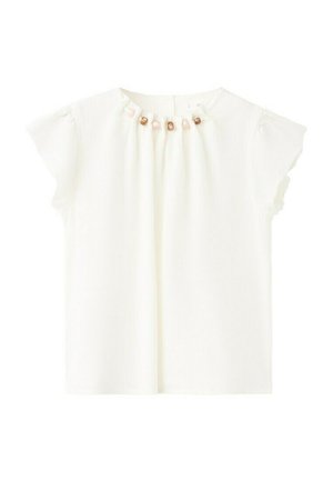 Biela krátko rukávová blúzka so zhrnutým výstrihom a malými drevenými korálkami zdobiacimi golier.