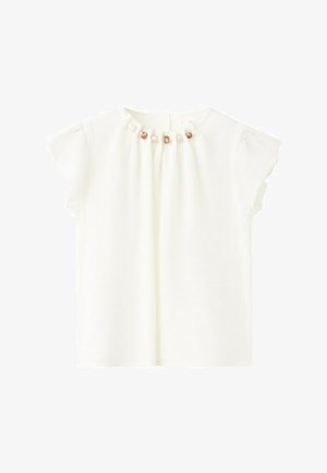 Blusa bianca a maniche corte con scollo arricciato e piccoli ornamenti di perline di legno lungo il colletto.