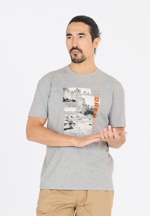 Grå bomulds T-shirt med et grafisk tryk af bjerge og koordinater, med orange og sorte tekst accenter. Rund hals, korte ærmer.