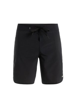 Sorte svømmebukser lavet af letvægtsmateriale, med et struktureret mønster, elastisk talje og snor til justering.