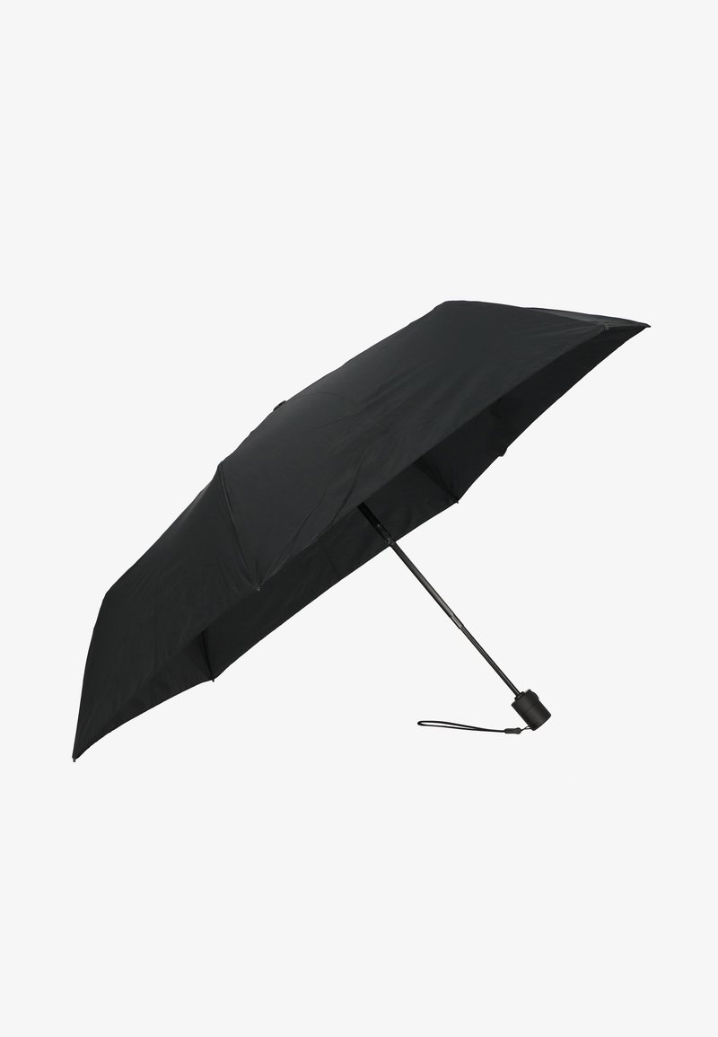 Paraguas plegable negro con una funda de tela ligera, marco de metal y mango de plástico. Cuenta con una correa para la muñeca para un fácil transporte.