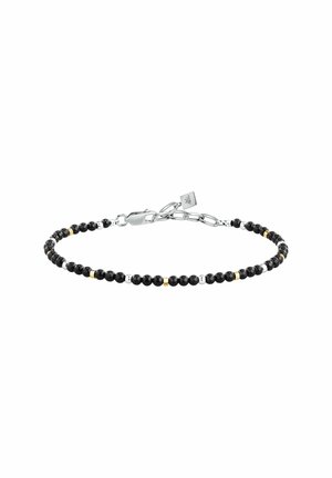 Braccialetto delicato con piccole perle nere, argento e oro e chiusura a moschettone in argento con catena regolabile e targhetta.