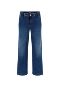 Weite Jeans aus dunkelblauem Denim, mit einem Knopfverschluss, fünf Taschen und kontrastierenden Nähten. Glatte Textur mit einem klassischen Design.