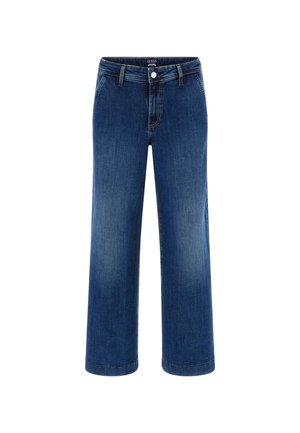 Jeans a gamba larga in denim blu scuro, con chiusura a bottone, cinque tasche e cuciture a contrasto. Texture liscia con un design classico.