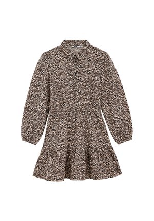 Leopardenmusterkleid mit langen Ärmeln, kragenförmigem Ausschnitt, Knopfleiste und gestuftem Rüschensaum. Der Stoff hat eine weiche Textur in neutralen Tönen.