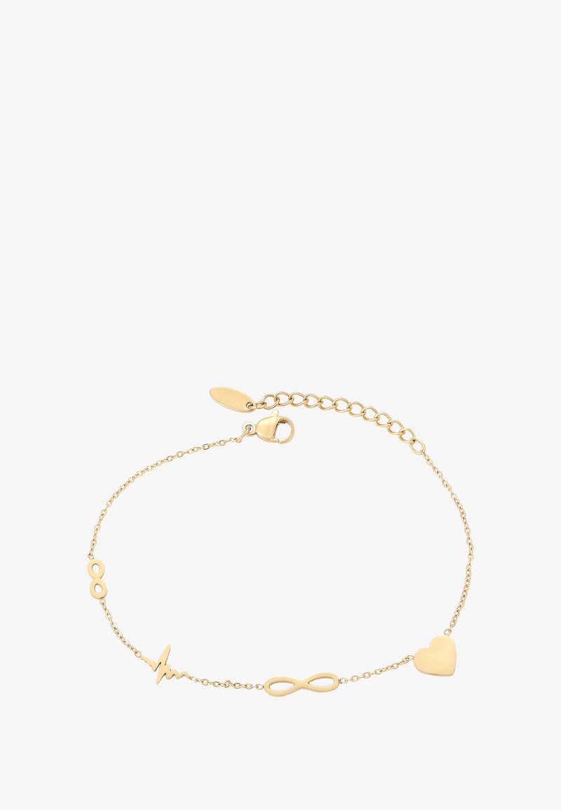 Arany karkötő szív, végtelen jel és szívverés charmokkal, amelyek egy finom lánccal vannak összekapcsolva, homárzárral és állítható lánccal.