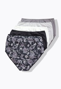 Set di quattro paia di biancheria intima femminile: nera con motivo floreale, bianca, grigia chiara e grigia scura. Tessuto morbido e elasticizzato con rifiniture in pizzo.