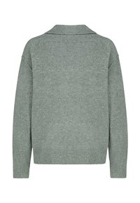 Grüner Strickpulli mit geripptem Kragen und Bündchen. Hat eine lockere Passform und eine weiche Textur, die ein einfaches, einfarbiges Design zur Schau stellt.