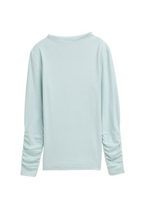 Camicia azzurra a maniche lunghe con dettagli arricciati sulle maniche e scollatura a girocollo, esposta su uno sfondo bianco.