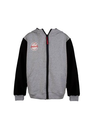 Szary i czarny polar z zamkiem, wykonany z miękkiego materiału, z czerwonym zamkiem, ściągaczami przy mankietach oraz okrągłym logo "Authentic U.S.A." na klatce piersiowej.