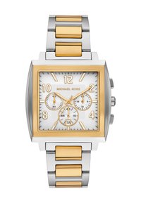 Vierkante two-tone zilveren en gouden polshorloge met witte wijzerplaat, drie subwijzerplaten, datumaanduiding op 6 uur, en gouden uurmarkeringen en wijzers.