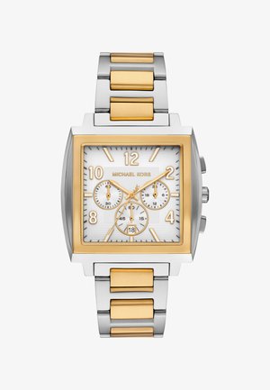 Quadratische zwei-tonige Silber- und Gold-Armbanduhr mit weißem Zifferblatt, drei Subdials, Datumsanzeige um 6 Uhr sowie goldenen Stundenmarkierungen und -zeigern.