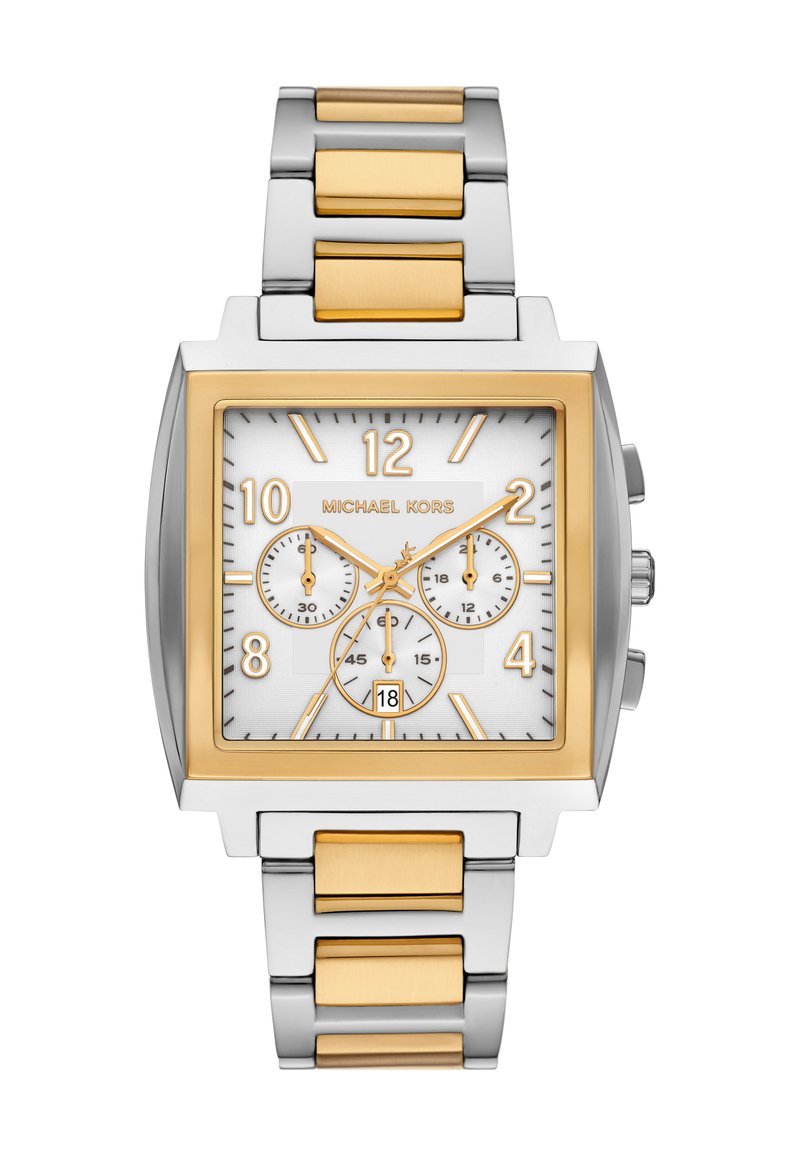 Vierkante two-tone zilveren en gouden polshorloge met witte wijzerplaat, drie subwijzerplaten, datumaanduiding op 6 uur, en gouden uurmarkeringen en wijzers.