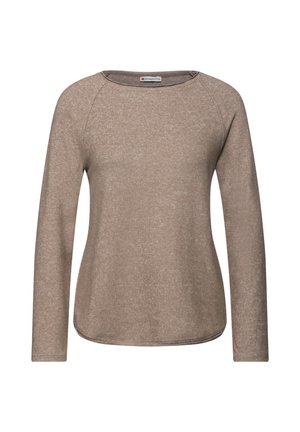 Pull en maille marron clair à manches longues, col rond, avec un ourlet légèrement arrondi et un tissu doux et texturé.
