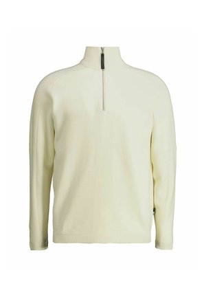 Heller Creampullover mit hohem Kragen, halbseitigem Reißverschluss, Raglanärmeln, gerippten Bündchen und strukturiertem Stoff.