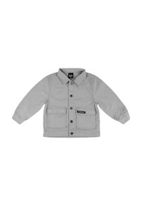 Szara kurtka wykonana z wytrzymałego materiału, z kołnierzem, przednimi guzikami i dwiema dużymi kieszeniami naszytymi. Zawiera markową metkę na jednej z kieszeni.