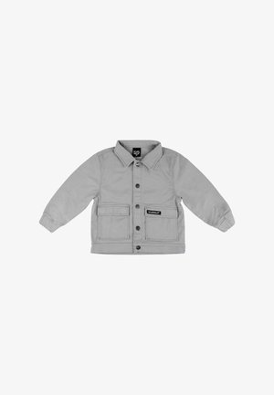 Gray jacket made of sturdy fabric, featuring a collar, front buttons, and two large patch pockets. Includes a branded label on one pocket.