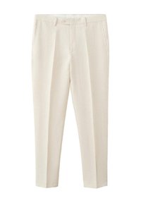 Beige tailored trousers with side pockets, belt loops, a button closure, and a front crease running down each leg.