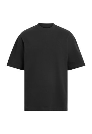 Schwarzes Kurzarm-T-Shirt mit Rundhalsausschnitt, aus Baumwolle, mit einem dezenten eingeprägten Logo auf der Brust und geradem Schnitt.