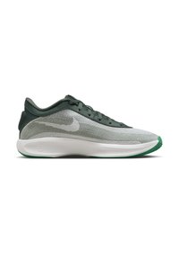 Vue latérale d'une chaussure de course grise et vert foncé avec une semelle blanche et une semelle extérieure verte, avec un logo Nike swoosh blanc sur le côté.