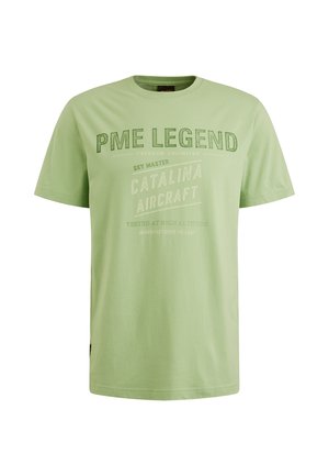 Light green cotton t-shirt with short sleeves. Features printed text in various styles: "PME LEGEND," "SKY MASTER," and "CATALINA AIRCRAFT."