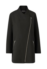 Zwarte blazerjack met een asymmetrische ritssluiting, twee voorzakken met rits en een modern, gestructureerd ontwerp. Glad stoffen textuur.