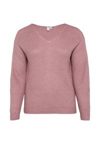 Roze v-hals trui met lange mouwen, ribbelstructuur en een losvallende pasvorm. Gemaakt van zacht breimateriaal, met een subtiel diagonaal patroon.