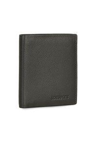 Cartera de cuero negro con una superficie texturizada, diseño de doble pliegue y logotipo de marca grabado en la parte frontal. Forma compacta y rectangular.