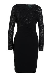 Černé šaty s dlouhými krajkovými rukávy a flitry, s přiléhavým střihem a nařaseným předním dílem. Zapínání na zip na zadní straně.