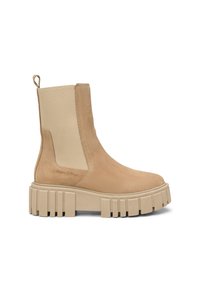 Bottine beige à tige en suède et élastique, semelle plateforme épaisse, tirette à l'arrière et logo embossé sur le côté.