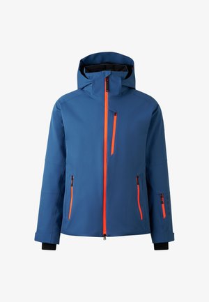 Blue waterproof jacket with a hood, featuring orange zippers and accents, two side pockets, and buttoned cuffs. Smooth texture, modern design.