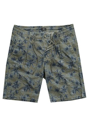 Olivengrønne shorts med et blåt tropisk bladmønster, elastisk talje med snor og frontknaplukning. Letvægtsstof.