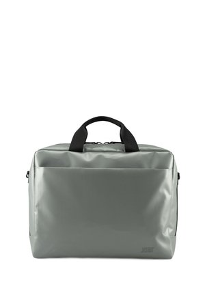 Gray, glossy laptop bag with a rectangular shape, dual black handles, and a front pocket. Features a zipper closure and subtle logo detail.
