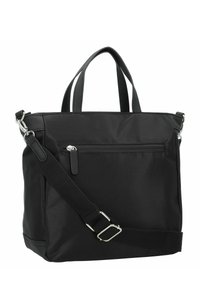 Borsa tote in nylon nera con manici doppi, tracolla staccabile, tasca frontale con zip e texture liscia. Design semplice e funzionale.