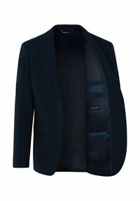 Marineblazer aus strukturiertem Stoff, mit Reverskragen, zwei Knöpfen und Innentaschen, die mit kontrastierendem blauen Material gefüttert sind.