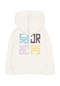 Felpa con cappuccio bianca con un motivo sulla schiena composto da lettere multicolori in blu, viola, giallo e marrone scuro. Orlo arricciato nella parte inferiore.