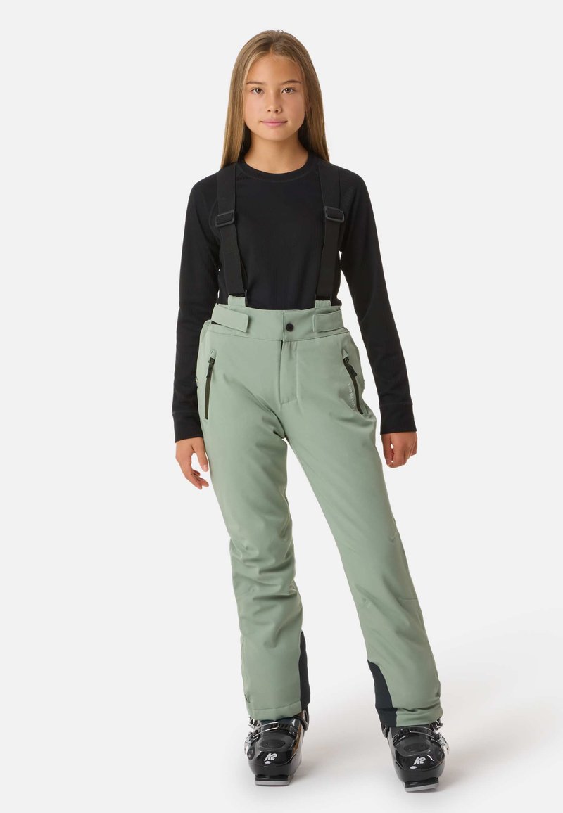 Skihosen aus leicht grünem Stoff mit verstellbaren schwarzen Trägern, seitlichen Reißverschlusstaschen und schwarzen Akzenten an den Säumen.