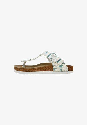 White sandal with blue and green geometric pattern, cork midsole, and adjustable strap featuring a square buckle. Rubber outsole.
