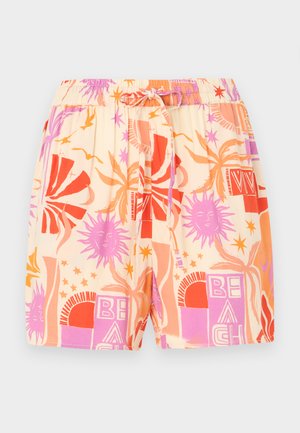 Lett stoffshorts med en kremfarget bakgrunn, med sterke mønstre i oransje, rosa og lilla, og med elastisk midjebånd og snor.