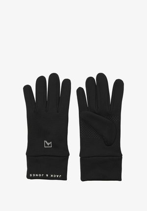 Black gloves made of stretchy fabric, featuring a textured grip on the palm and a logo at the wrist. Designed with elongated fingers.