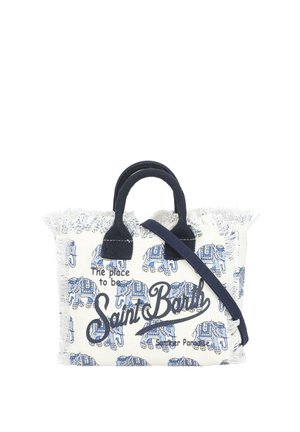 Piccola borsa tote in tessuto bianco con stampa di elefante blu, manici blu navy e scritta "Saint Barth" con bordi sfrangiati e tracolla staccabile.
