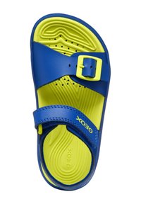 Sandal blu e giallo con cinturino a fibbia, soletta texturizzata e fori di drenaggio. Realizzato in materiale sintetico, presenta una forma sagomata.