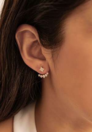 Rose gold earrings featuring a star-shaped stud and a row of clear, round gemstones, displaying a delicate and modern design.
